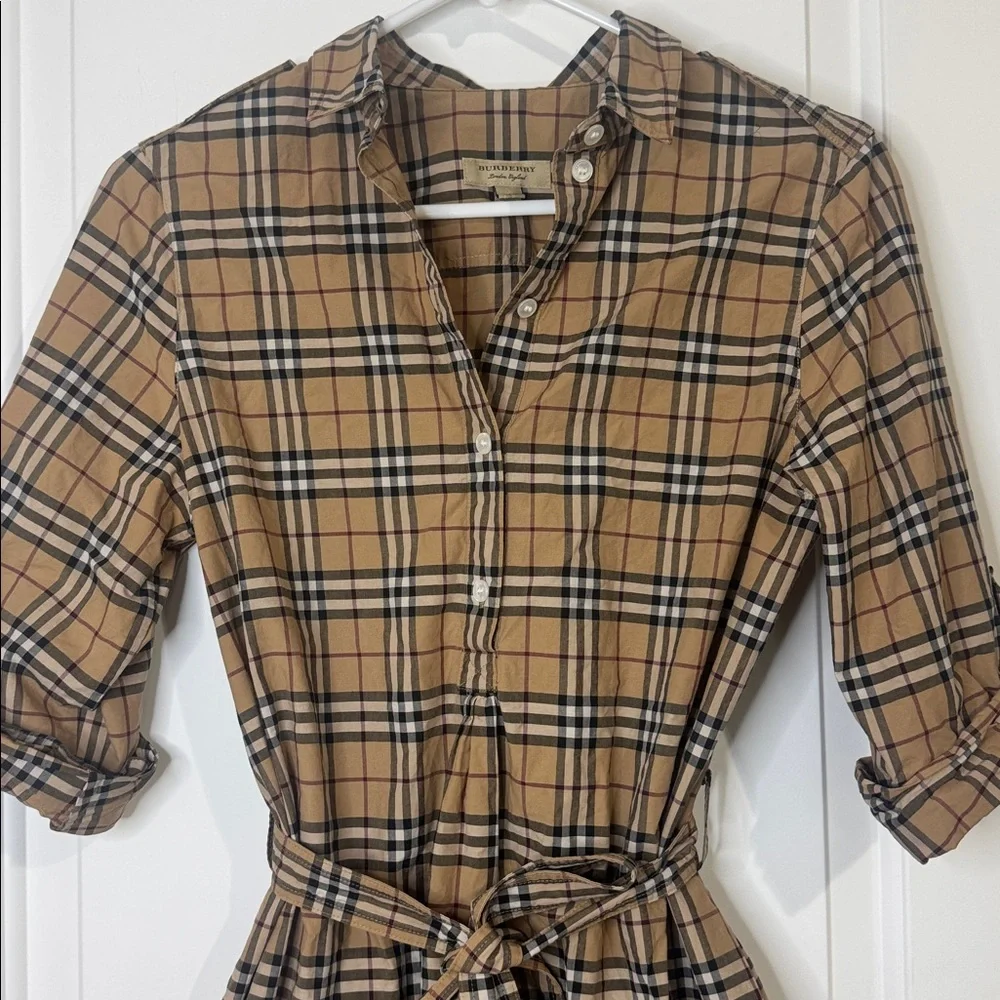 Burberry Shirt Dress NovaCheck Tan Black Plaid with Waist Tie Women’s US 6 EU 8 - Picture 3 of 12